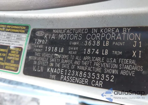 2008 Kia Rio Lx z USA, uszkodzony, nr VIN KNADE123X86353352